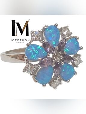 [Black Label] Amethyst, CZ & Opal Fire Women's Flower Wedding Ring Sale, Sz 10